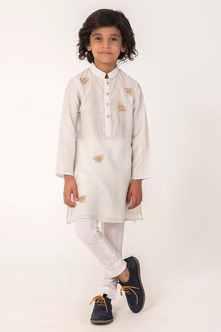 Grey Chanderi Embroidered Kurta Set For Boys by Partykles at Pernia's Pop Up Shop