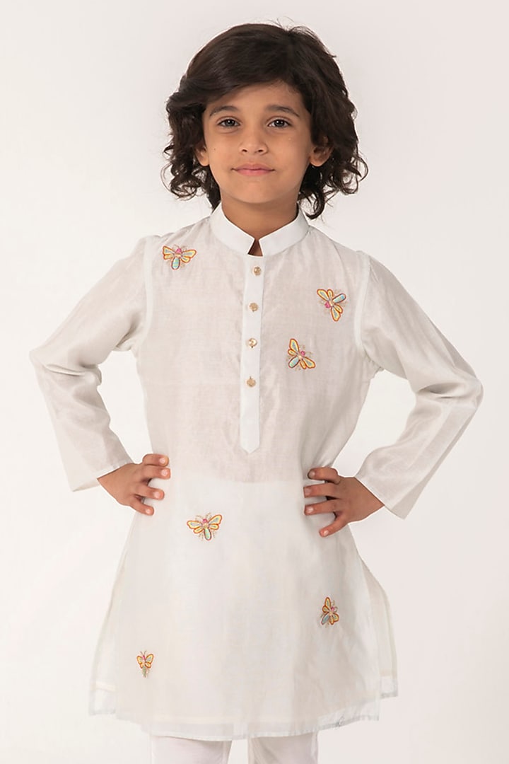 Grey Chanderi Embroidered Kurta Set For Boys by Partykles at Pernia's Pop Up Shop