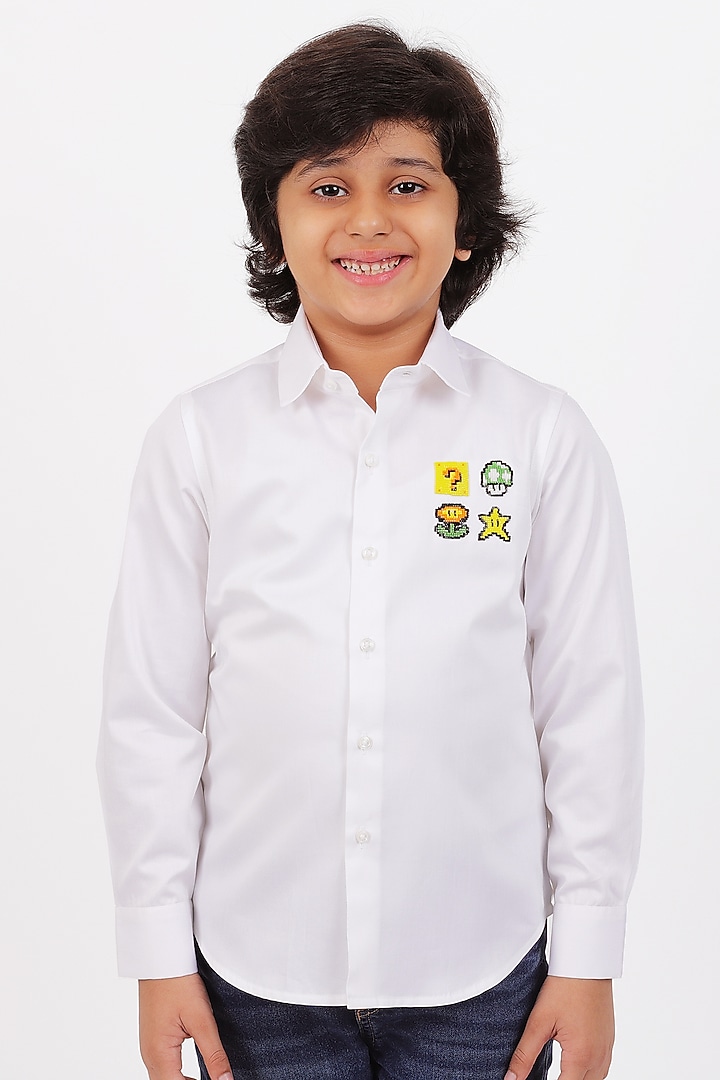 White Cotton Satin Resham & Tilla Embroidered Shirt For Boys by Partykles at Pernia's Pop Up Shop