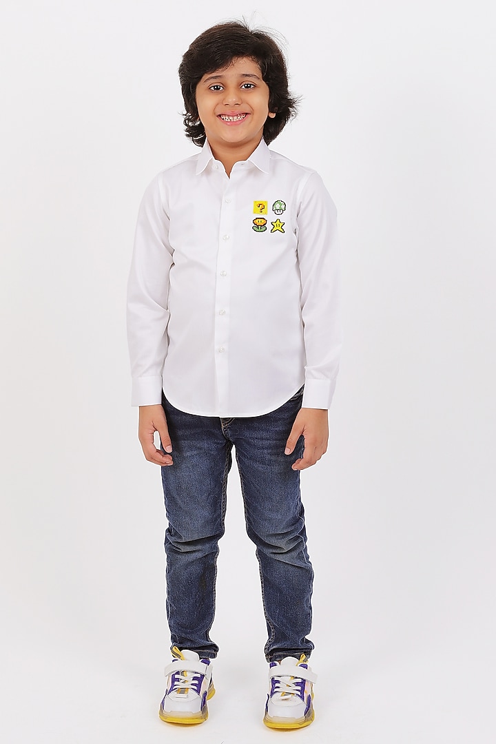 White Cotton Satin Resham & Tilla Embroidered Shirt For Boys by Partykles at Pernia's Pop Up Shop