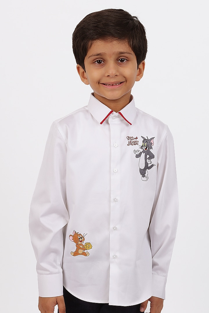 White Cotton Satin Resham Embroidered Shirt For Boys by Partykles at Pernia's Pop Up Shop