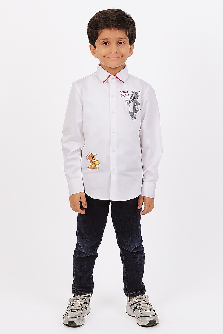 White Cotton Satin Resham Embroidered Shirt For Boys by Partykles at Pernia's Pop Up Shop