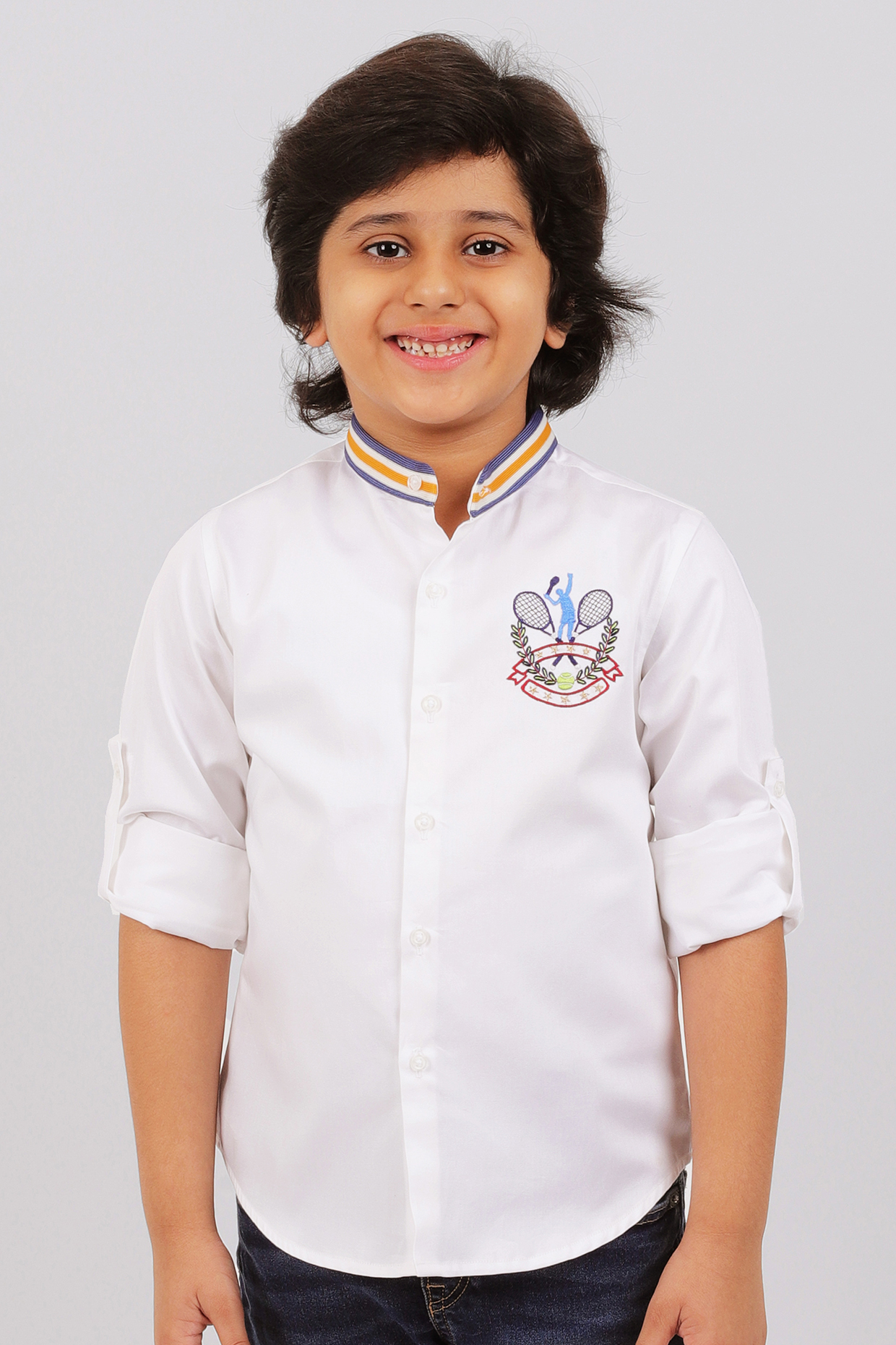 White Cotton Satin Resham Embroidered Shirt For Boys by Partykles at Pernia's Pop Up Shop