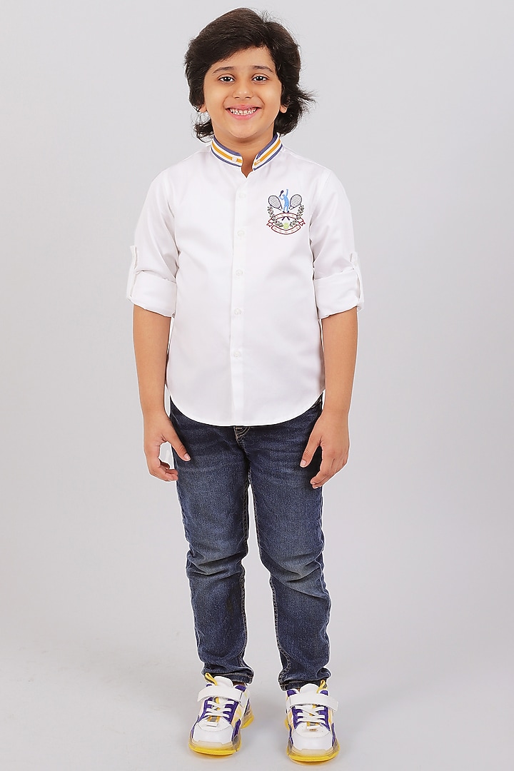 White Cotton Satin Resham Embroidered Shirt For Boys by Partykles at Pernia's Pop Up Shop