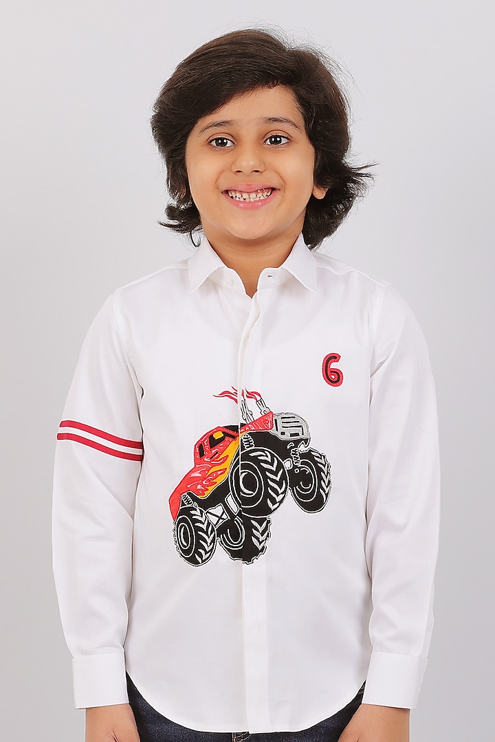 White Cotton Satin Resham Embroidered Shirt For Boys by Partykles