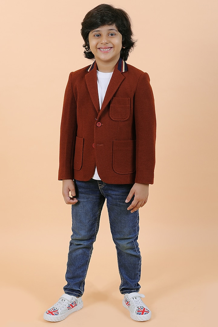 Brown Knit Blazer Jacket For Boys by Partykles