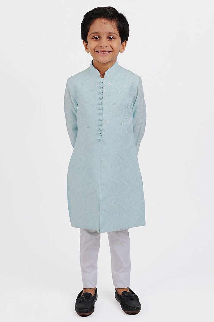 Powder Blue Chikankari Kurta Set For Boys by Partykles at Pernia's Pop Up Shop