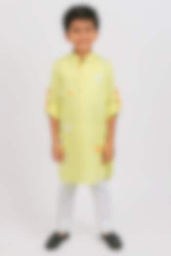 Lemon Yellow Silk Satin Tilla Embroidered Kurta Set For Boys by Partykles