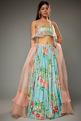 Aqua Crepe Animal Printed Lehenga Set by Parul | Vivek