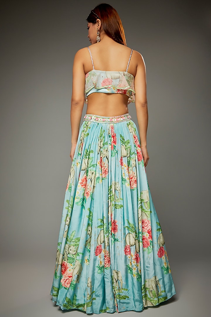 Aqua Crepe Animal Printed Wedding Lehenga Set by Parul | Vivek at Pernia's Pop Up Shop
