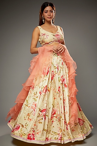 Ivory Satin Floral Printed & Embroidered Lehenga Set by Parul | Vivek