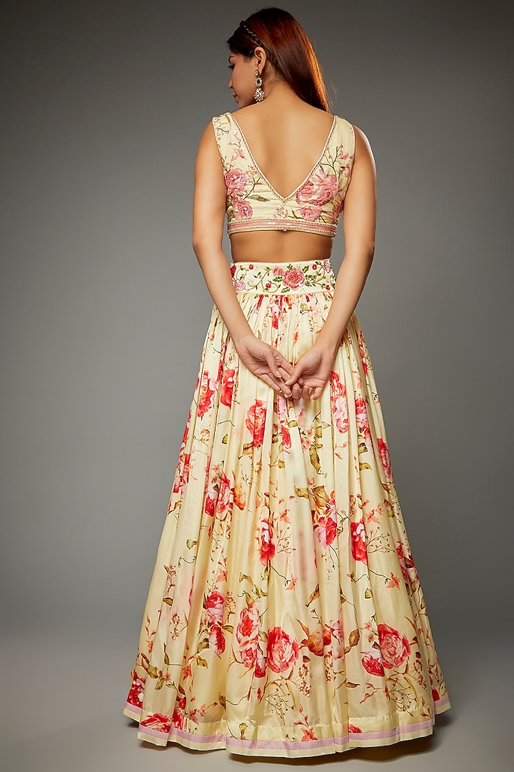 Ivory Satin Floral Printed & Embroidered Wedding Lehenga Set by Parul | Vivek at Pernia's Pop Up Shop