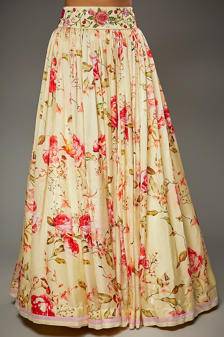 Ivory Satin Floral Printed & Embroidered Wedding Lehenga Set by Parul | Vivek at Pernia's Pop Up Shop
