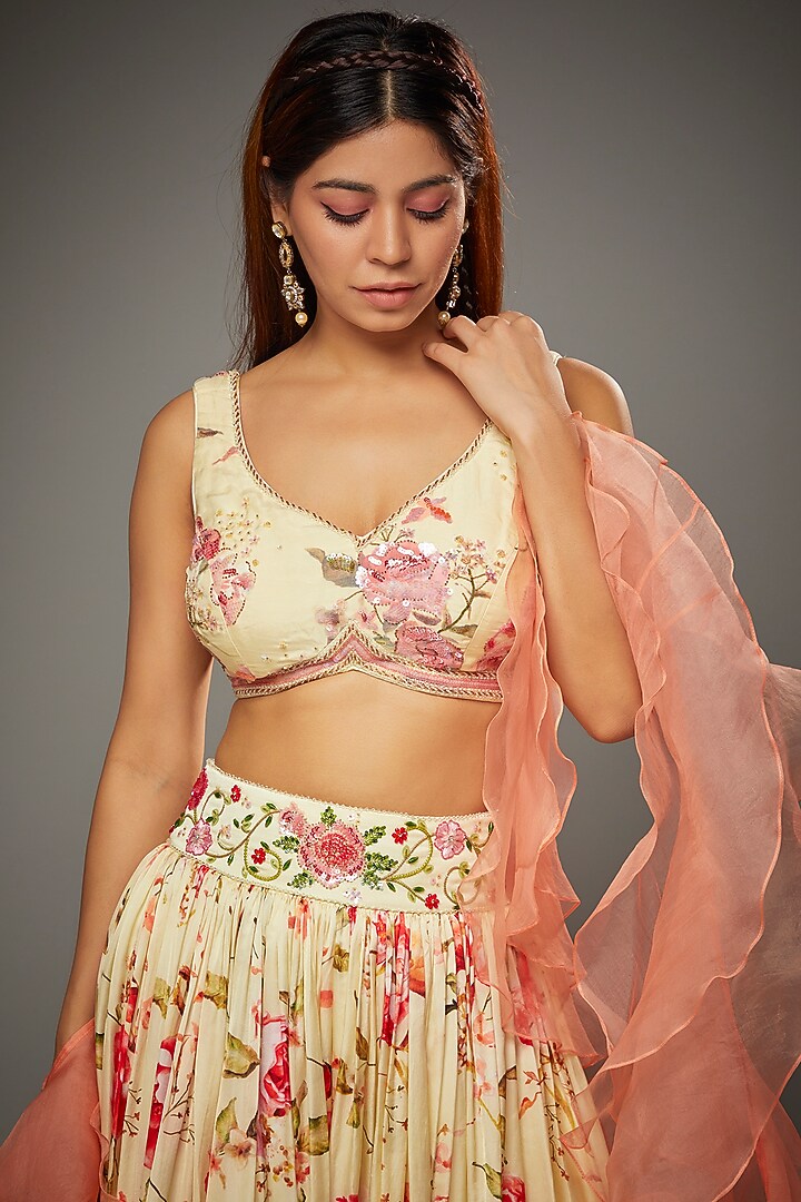 Ivory Satin Floral Printed & Embroidered Wedding Lehenga Set by Parul | Vivek at Pernia's Pop Up Shop
