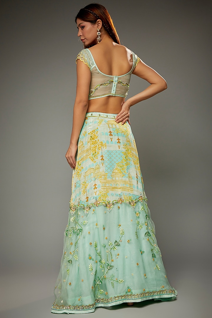 Aqua Organza Digital Printed & Embroidered Wedding Lehenga Set by Parul | Vivek at Pernia's Pop Up Shop