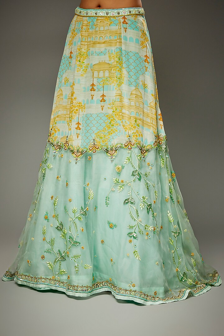 Aqua Organza Digital Printed & Embroidered Wedding Lehenga Set by Parul | Vivek at Pernia's Pop Up Shop