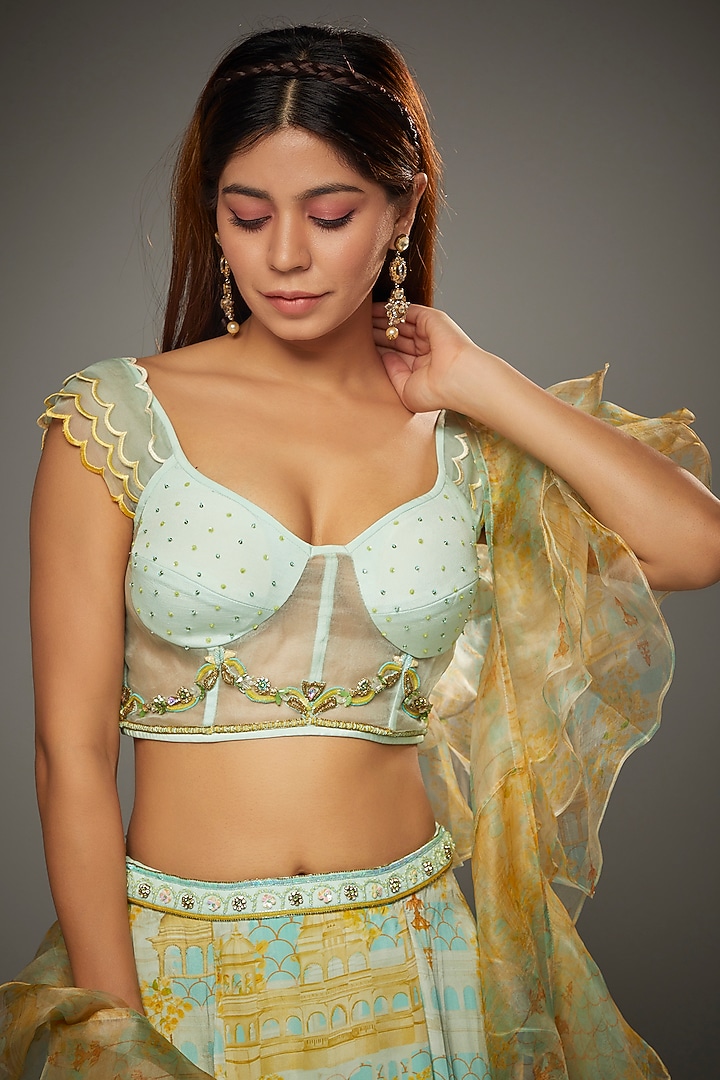 Aqua Organza Digital Printed & Embroidered Wedding Lehenga Set by Parul | Vivek at Pernia's Pop Up Shop