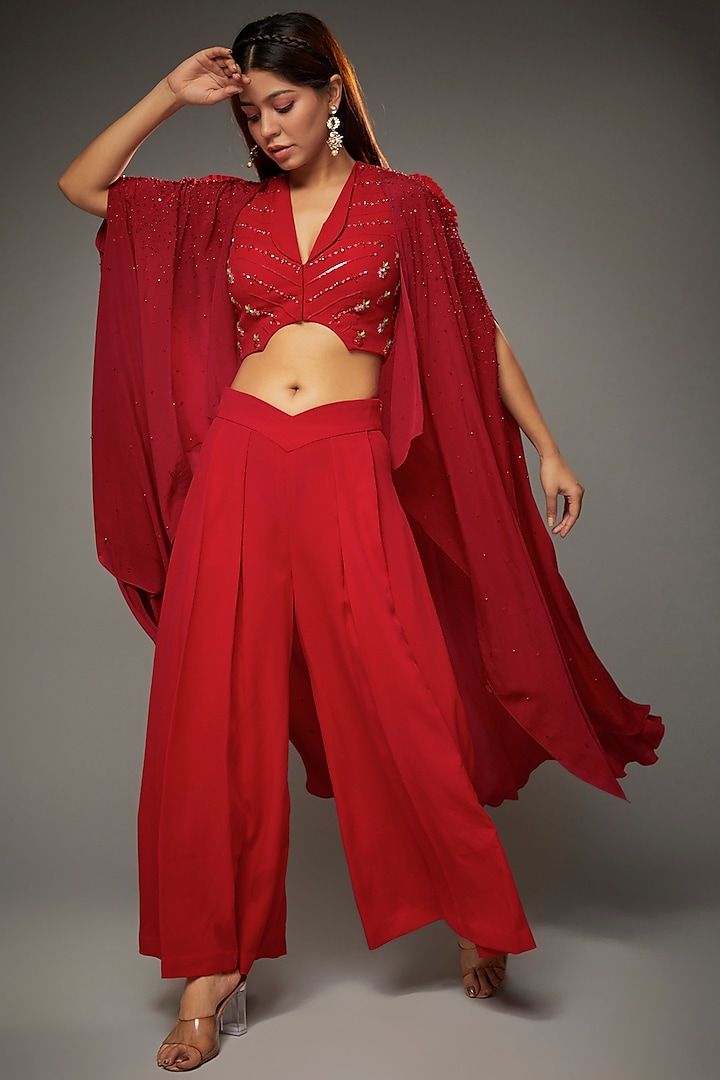 Red Georgette Embroidered Cape Set by Parul | Vivek