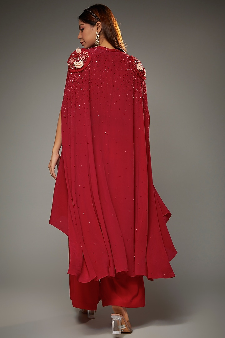 Red Georgette Embroidered Cape Set by Parul | Vivek at Pernia's Pop Up Shop