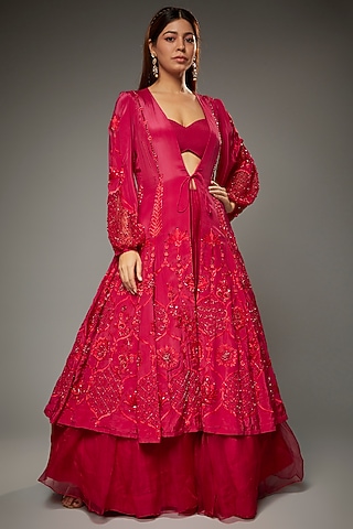Red Organza Embroidered Jacket Lehenga Set by Parul | Vivek