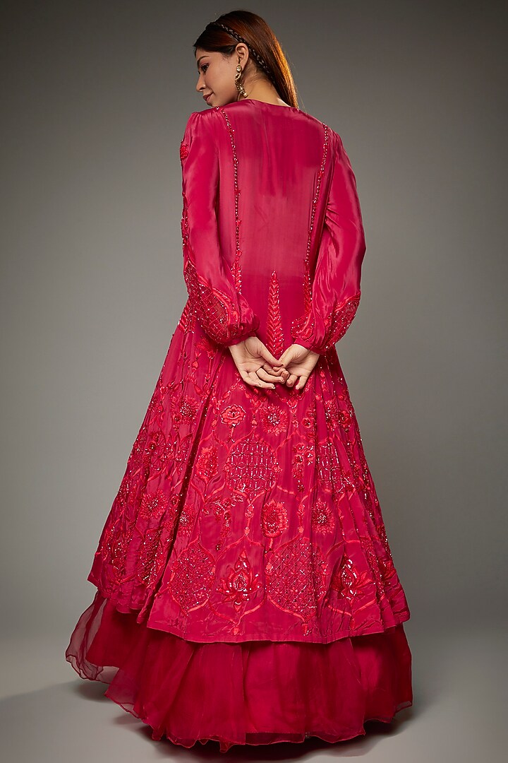 Red Organza Embroidered Jacket Bridal Lehenga Set by Parul | Vivek at Pernia's Pop Up Shop