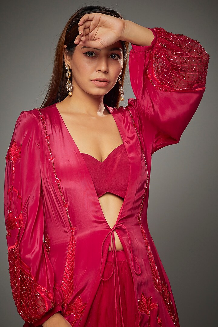 Red Organza Embroidered Jacket Bridal Lehenga Set by Parul | Vivek at Pernia's Pop Up Shop