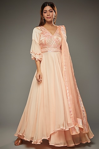 Peach Georgette Embroidered Anarkali Set by Parul | Vivek