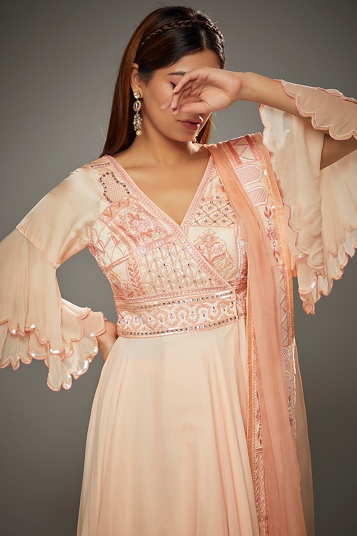 Peach Georgette Embroidered Wedding Anarkali Set by Parul | Vivek at Pernia's Pop Up Shop