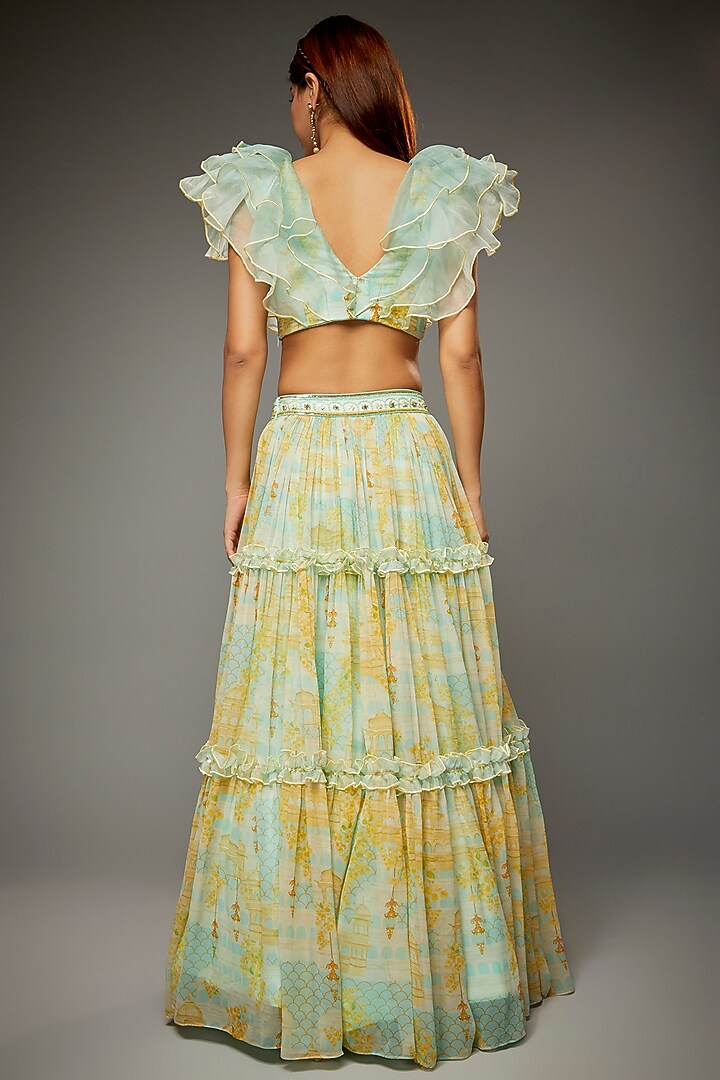 Aqua Georgette Mahal Printed Tiered Wedding Lehenga Set by Parul | Vivek at Pernia's Pop Up Shop
