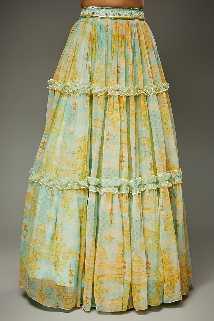 Aqua Georgette Mahal Printed Tiered Wedding Lehenga Set by Parul | Vivek at Pernia's Pop Up Shop
