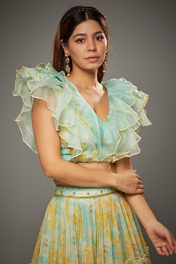 Aqua Georgette Mahal Printed Tiered Wedding Lehenga Set by Parul | Vivek at Pernia's Pop Up Shop