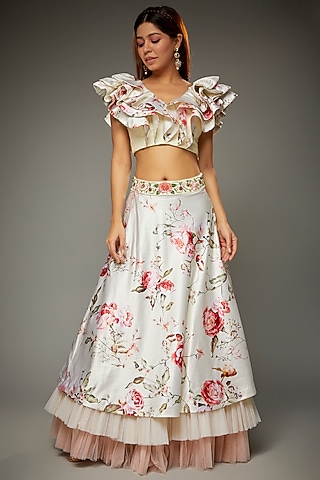 Ivory Taffeta Floral Printed Lehenga Set by Parul | Vivek