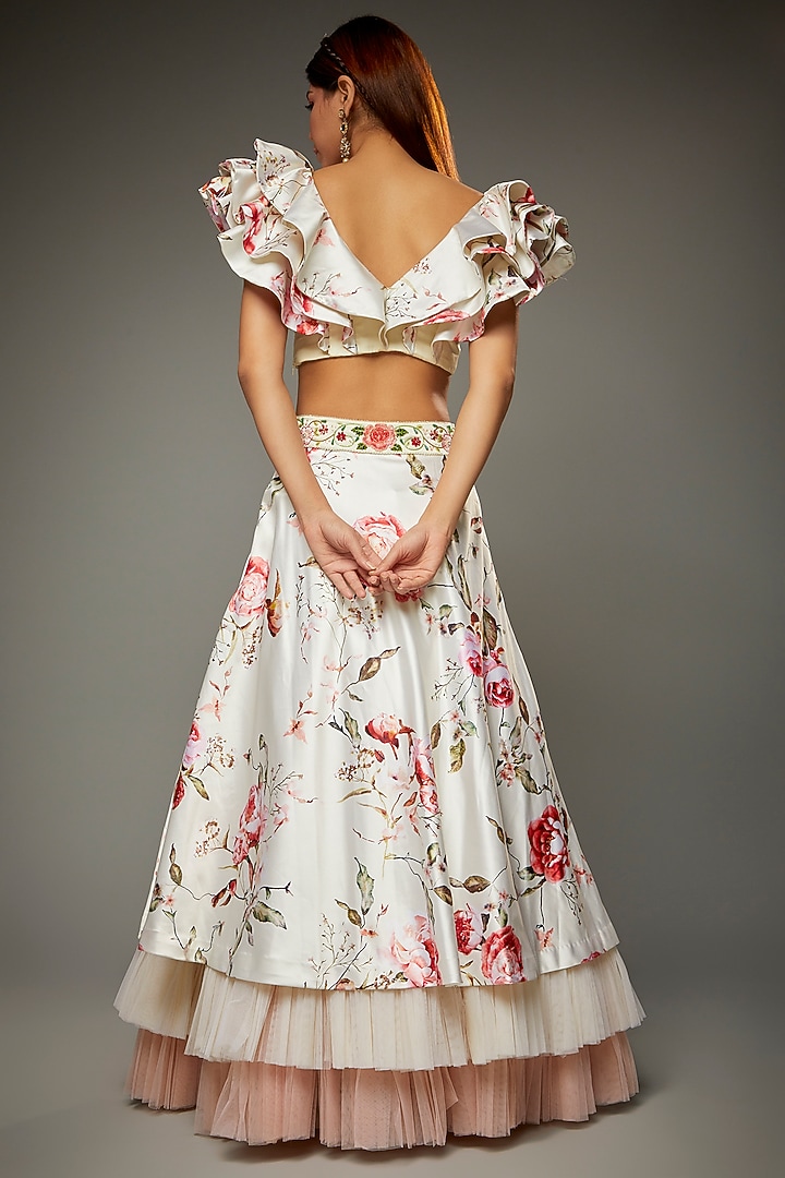 Ivory Taffeta Floral Printed Wedding Lehenga Set by Parul | Vivek at Pernia's Pop Up Shop