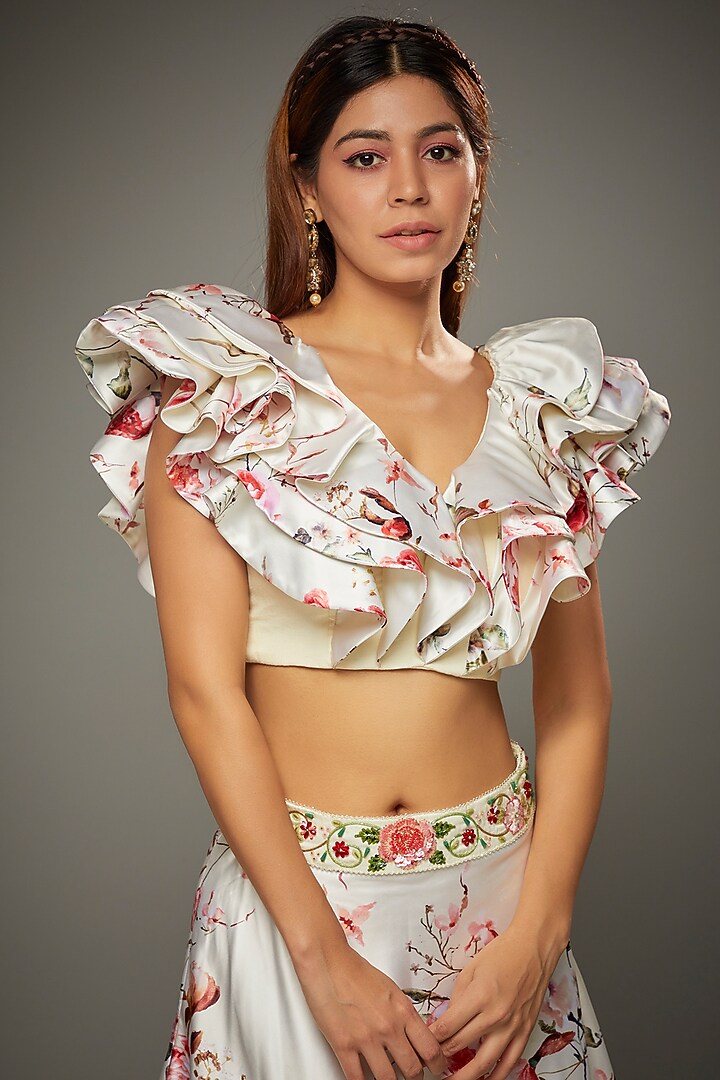 Ivory Taffeta Floral Printed Wedding Lehenga Set by Parul | Vivek at Pernia's Pop Up Shop