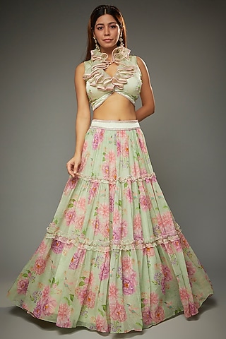 Sage Green Georgette Floral Printed Tiered Lehenga Set by Parul | Vivek