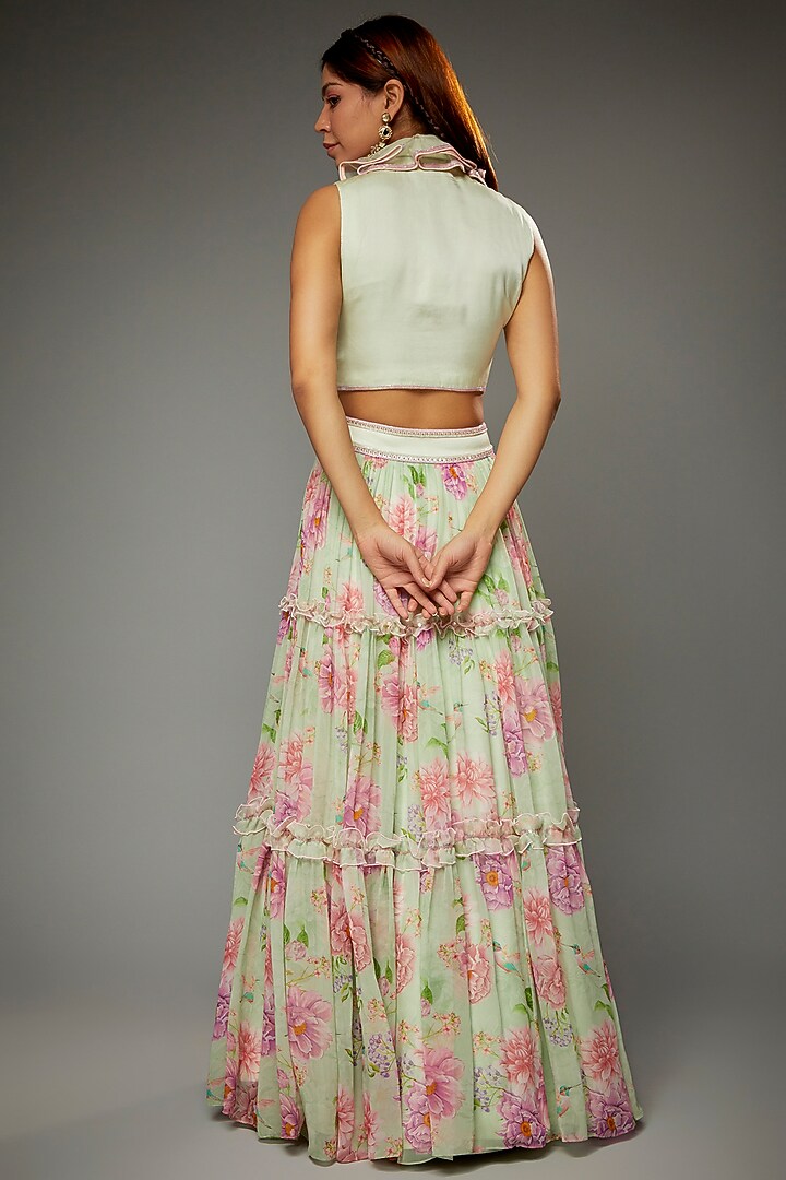 Sage Green Georgette Floral Printed Tiered Wedding Lehenga Set by Parul | Vivek at Pernia's Pop Up Shop