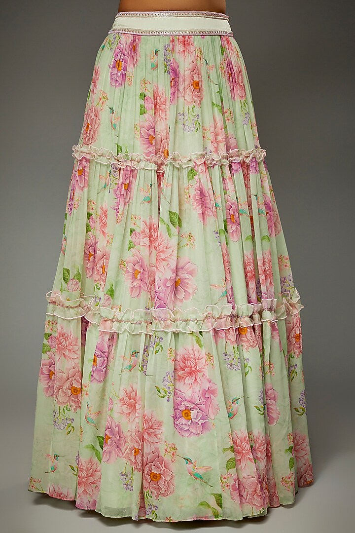 Sage Green Georgette Floral Printed Tiered Wedding Lehenga Set by Parul | Vivek at Pernia's Pop Up Shop