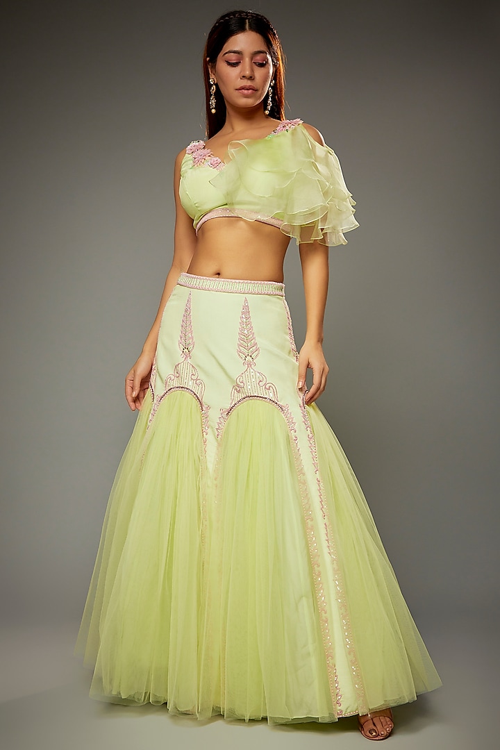 Lime Green Net Embroidered Lehenga Set by Parul | Vivek