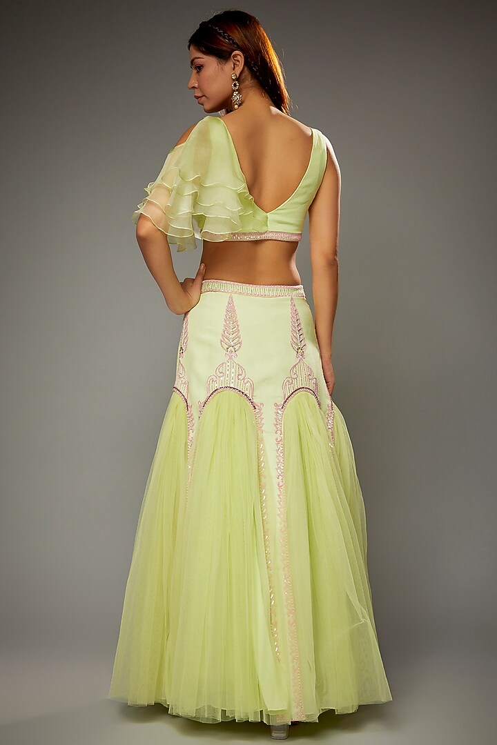 Lime Green Net Crystal Embroidered Wedding Lehenga Set by Parul | Vivek at Pernia's Pop Up Shop