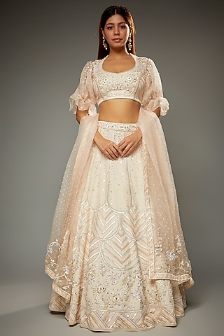 Peach Silk Embroidered Lehenga Set by Parul | Vivek