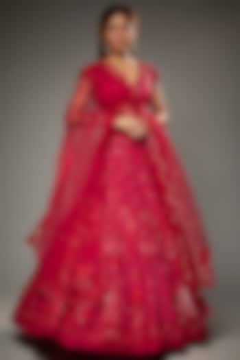 Red Silk Hand Embroidered Lehenga Set by Parul | Vivek