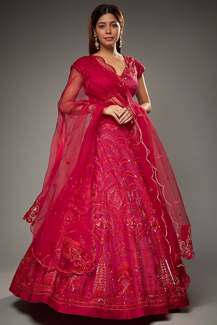 Red Silk Hand Embroidered Lehenga Set by Parul | Vivek