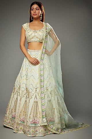 Ivory Silk Embroidered Lehenga Set by Parul | Vivek