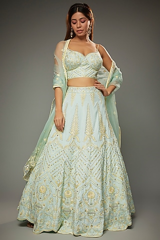 Powder Blue Silk Embroidered Lehenga Set by Parul | Vivek