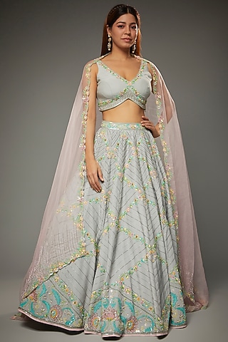 Grey Silk Embroidered Lehenga Set by Parul | Vivek