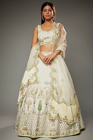 Ivory Silk Embroidered Lehenga Set by Parul | Vivek