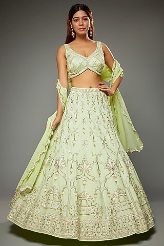 Pistachio Silk Embroidered Lehenga Set by Parul | Vivek