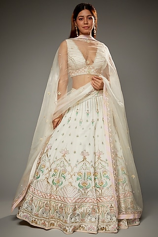 Ivory Silk Hand Embroidered Lehenga Set by Parul | Vivek