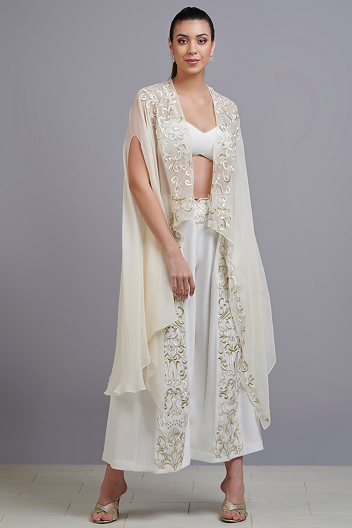 White Hand Embroidered Cape Set by Parul i Vivek