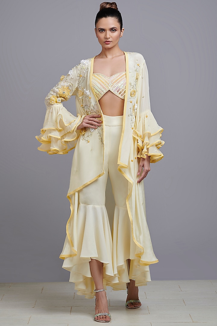Lemon Yellow Hand Embroidered Cape Set by Parul i Vivek